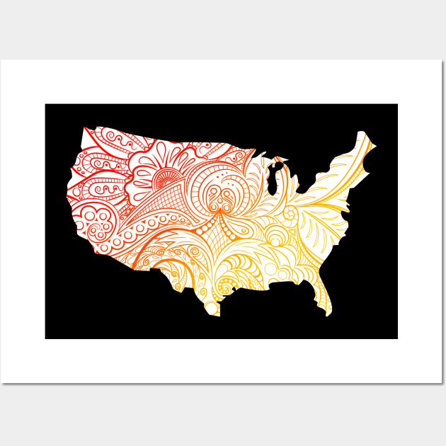 Colorful mandala art map of the United States of America in red and yellow with white background Wall Art by Happy Citizen